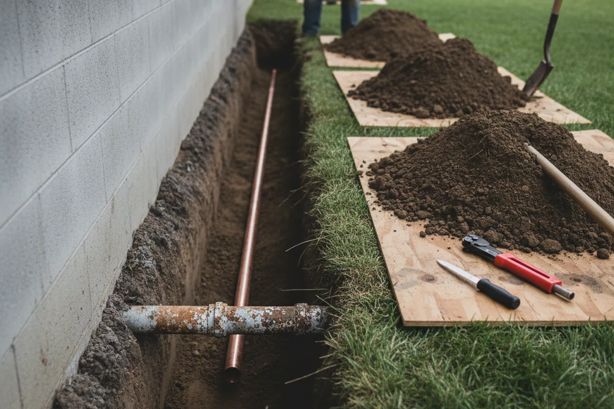 Excavated water line trench during Sewer Line Repair in Othello